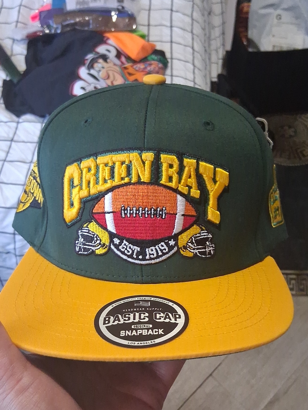 Green Bay Packers Embroidered Football Snapback Hat - Green & Yellow